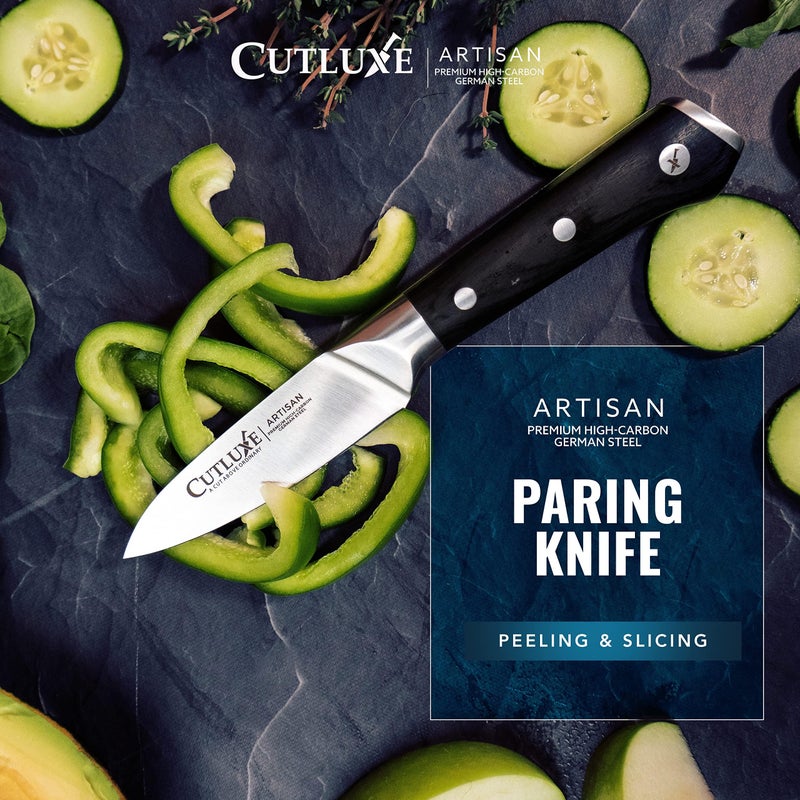 Cutluxe Paring Knife, 3.5" Small Kitchen Peeling Knife with Razor Sharp Blade â€“ High Carbon German Steel, Full Tang, Ergonomic Handle Design â€“ Artisan Series - Image 4